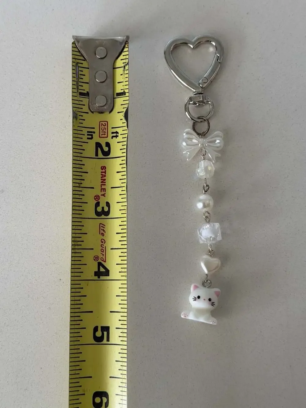 Coquette Style White Cat Beaded Keychain with Bow and Heart Charm